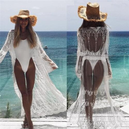 Sexy See Through Long Sleeve Beach Dress Women Solid White Lace Summer Beach Cover Up Women Beachwear Tunic Sarong Lady Cardigan