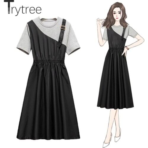 Trytree 2021 Summer Womens Dresses Casual O-neck Asymmetric Patchwork Elastic Waist A-line Mid-Calf T-shirt Dress Streetwear