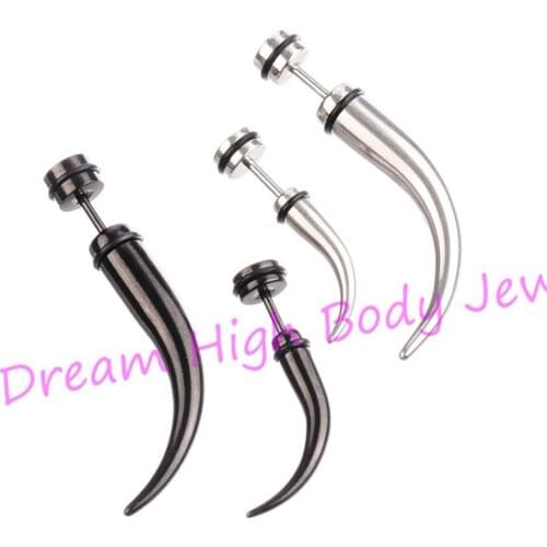 Fake Ear Plug Stretcher Stud Punk Earring Horn Stainless Steel Black Ring