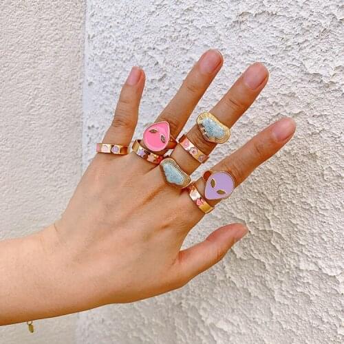 Colorful Love Heart Alien Ring for Girls Cute Cartoon Mushroom Stars Enamel Rings Female Gold Punk Hip Hop Jewelry Gifts