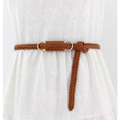 Women Weaving metal buckle Belt PU Leather Dress Skirt Waist Elastic Thin Belts Ladies Waistband