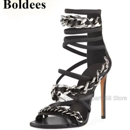Fashion Silvery Metal Chain Designer Gladiators High Heel Sandals Women Summer Black Shoes Lady Sexy Lace Up Stiletto Sandals