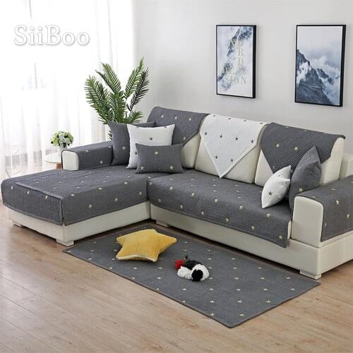 Modern simple embroidered star style grey white non-slip couch cover for living room cotton sofa cover copridivano canape SP5914