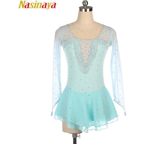 Nasinaya Figure Skating Dress Ice Skating Skirt for Girl Women Kids Customized Competition Performance Light Blue Mesh Shiny