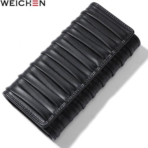 WEICHEN 2020 NEW Designer Ruched Long Wallet Women Soft Leather Female Wallets Purse Carteira Hand Bag Fashion Trifold Clutches