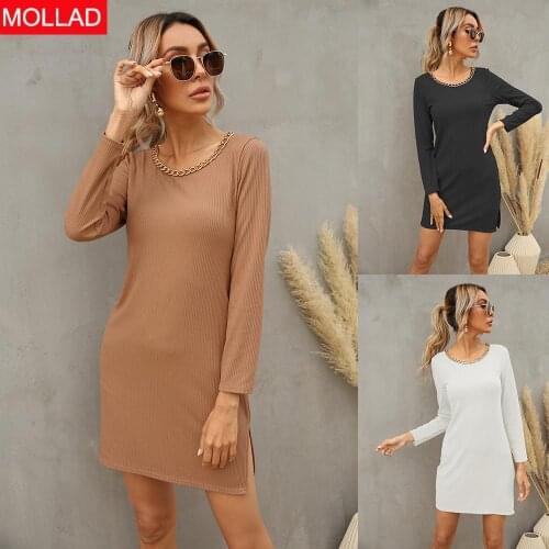 Womens Clothing Popular Spring and Autumn round Neck Chain Long Sleeve Dress Solid Color Women Dresses