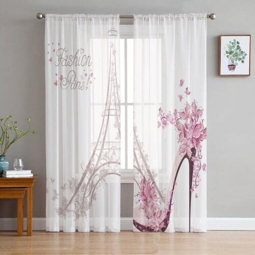 Pink Paris Tower High Heels Female White Sheer Curtains for Living Room Bedroom Kitchen Tulle for Windows Voile Yarn Curtains