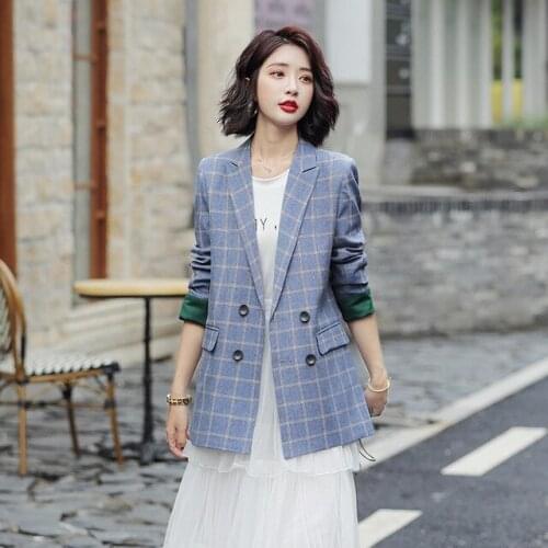 Vintage Plaid Blazer Women Long Sleeve Double Breasted Blazers and Jackets Femme Casual Houndstooth Elegant Coat Plus Size 2020