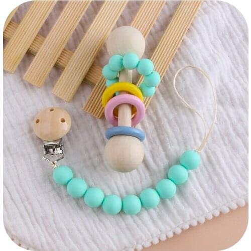 BPA Free Silicone Baby Teether Set Newborn Wooden Teether Rattle With Bells Dummy Holder Pacifier Clips Chain Teething Bracelet