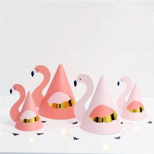 5pcs Flamingo Theme Paper Caps 1st Birthday Party for kids Cute Pink Mini Party Hats First Girl Costume Accessories Boy DIY 75D