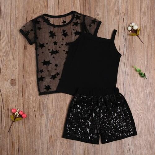 Toddler Baby Girl Star Print Short Sleeve See Through Smock Tops + Camisole + Sequined Short 3Pcs Childrens Clothing Sets