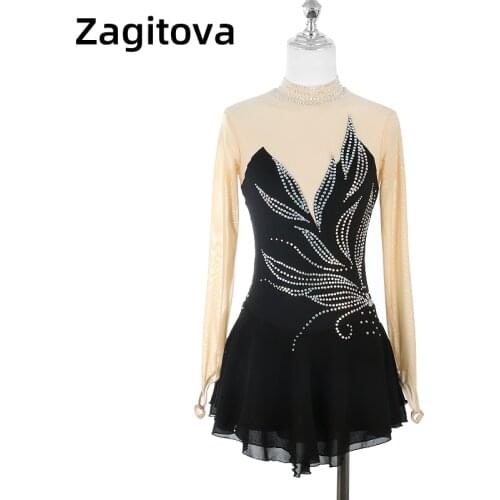 Black Figure Skating Dress For Women And Girls Long Sleeve Ice Figure Skating Clothes With Rhinestones Leaf Shape