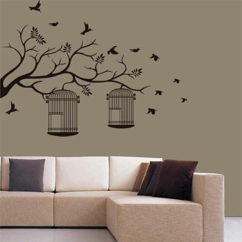 Black Birds on the Branch Birdcage Carved Wall Stickers Home Decor Flying Birds Wall Decals Self-adhesive Vinyl Art Mural Poster