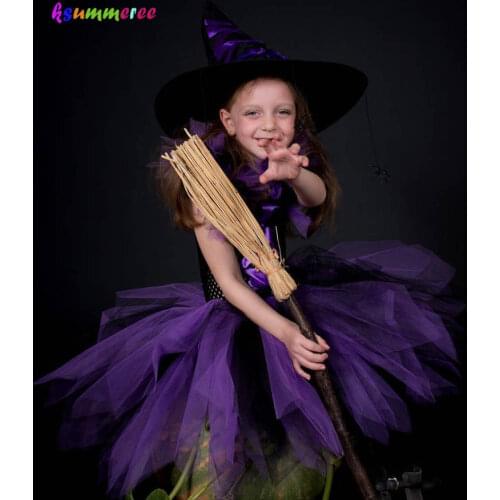 Kids Halloween Tutu Dress Fun Girls Fluffy Tutu Witch Dress Costume with Hat Purple Black Dress for Party Dress up