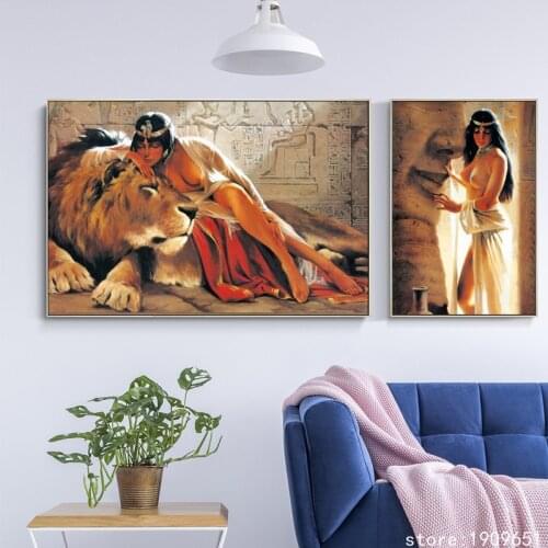 Cotton no frame modern Indian sexy woman lion canvas printings oil painting printed on cotton hotel wall art decoration pictures