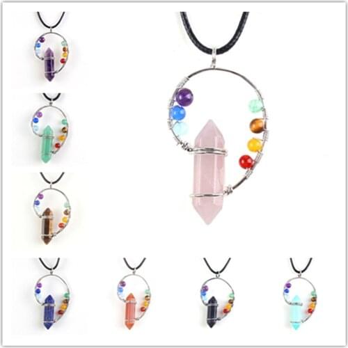 KFT Silver Plated Natural Stones Hexagon Chakra Round Beads Stone Pendant Necklace with Rope Chain Women Men Jewelry