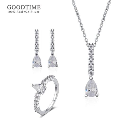 Fashion Women 925 Sterling Silver Bridal Jewelry Sets Waterdrop Zircon Necklace Earrings Ring Rhinestone Accessories Gift