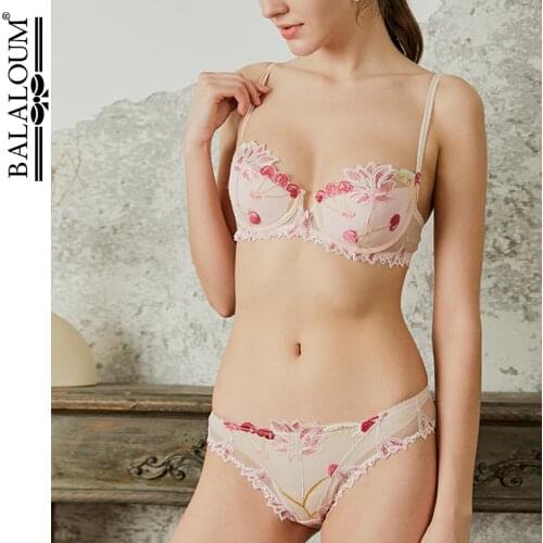 BALALOUM New Arrivals Women Sexy Paded Thin Cotton Bra Brassiere Sets Floral Lace Embroidery Underwire Pink Lingerie Underwear