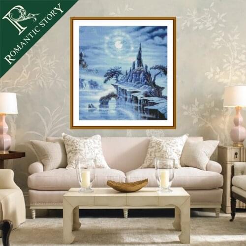 Romantic Story Needleword Blue Starry Night Paintings Counted DIY Cross Stitch Cotton Fabric Embroidery DMC Cross Stitch Kits