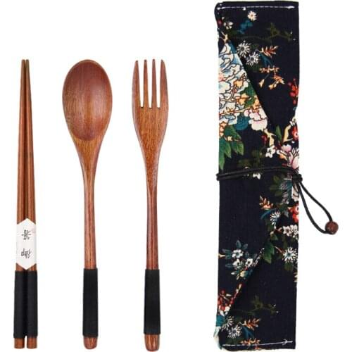 Portable Wood Tableware Wooden Cutlery Sets Travel Dinnerware Suit Environmental with Cloth Pack Gifts set