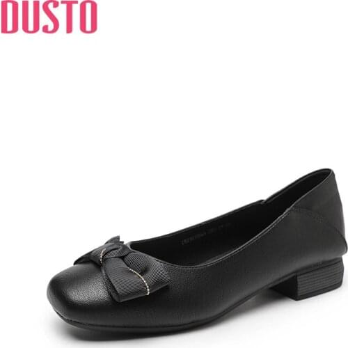 DUSTO 2021 new autumn elegant low heel square heel square head bow decorative shallow mouth single shoes womens shoes