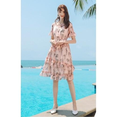Obrix light female sweet soft chiffon draped dress everyday short sleeve o-neck sashes print supplier length date dress for Summer