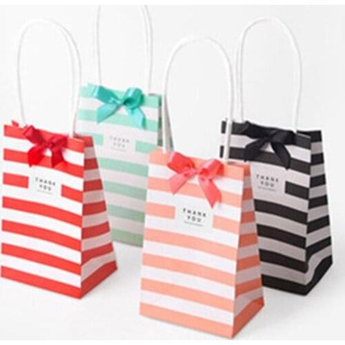 50PCS 12x5x7.5cm Kraft Paper Bags Striple Handles Gift Jewelery Packing bags for Wedding Baby Birthday Christmas Party bags