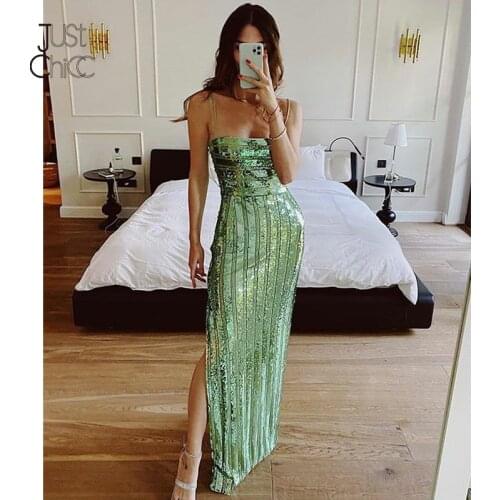 Justchicc Sequined Strap Sleeveless Party Dress Summer Green High Slit Bodycon Sexy Women Dress 2021 Fashion Backless Robe