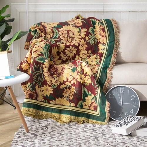 American Country Throw Blanket Two Sided Flower Non-Slip Knitted Cotton Sofa Cover With Tassel Outdoor Picnic Mat Travel Blanket