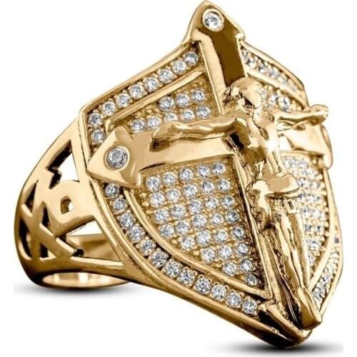 Luxury Gold Colour Christian Savior Jesus Cross Zircon Men Ring Motorcycle Party Hip Hop Shield Stainless Steel Jewelry Size6-13