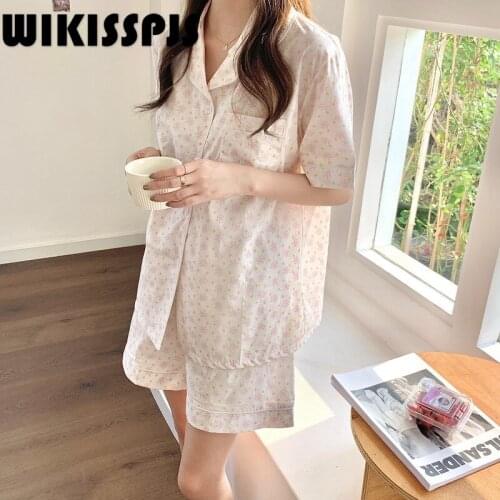 WIKISSPJS 2021 Summer New Floral Cardigan Short Sleeve Shorts Home Girls' Suit Small Fresh Casual Wear Pajamas for Teen Girls