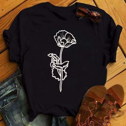 Black Red Poppy T Shirt Women Summer Funny Clothes Aesthetic Tshirts Casual Vintage Harajuku Kawaii Shirts Loose Oversized Tops