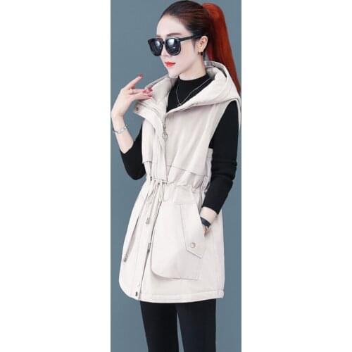 Autumn Winter Parka Down Cotton Vest Women Hooded Korean Mid-Length Plus Size Sleeveless Jacket Drawstring Ladies Waistcoat G668