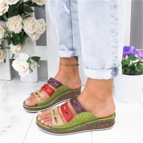 Womens Beach Slippers 2020 Summer Women Lady Retro Stitching Colorcasual Low Beach Open Peep Toe Sandals 3 Colors Shoes Slides