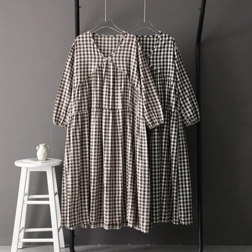 2020 Women Autumn V Neck Plaid Long Loose Pullover Dress Cascading Pleat Full Sleeve Dresses