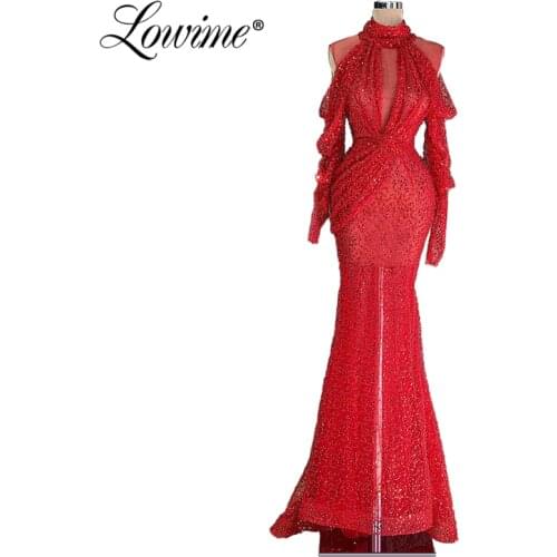Middle East Women Wear Formal Evening Dresses 2020 Illusion With Long Sleeves Mermaid Prom Dress Red Beading Sequins Party Gown