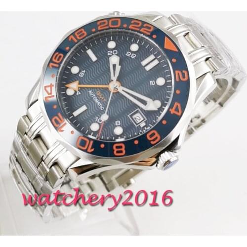 Relogio Masculino Mens Watches Top Brand Blue Dial GMT Sapphire 41mm Luxury Men Military Steel strap Wristwatch Automatic Watch