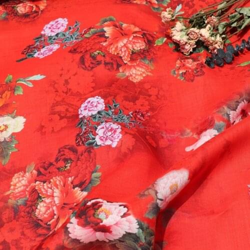 Classical Red Natural Pure 100% ramie Linen cloth Printed fabric for dresses robe Summer thin diy handmade Sewing DIY