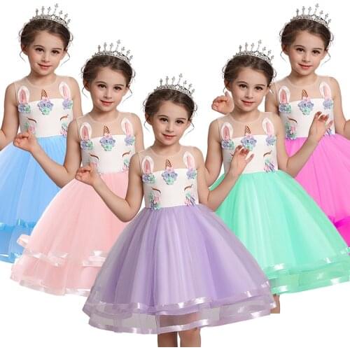 Girls Unicorn Gown Princess Dress Kids Birthday Party Fancy Costume Children Halloween Dresses Set For 3 5 8 10 Years Girl