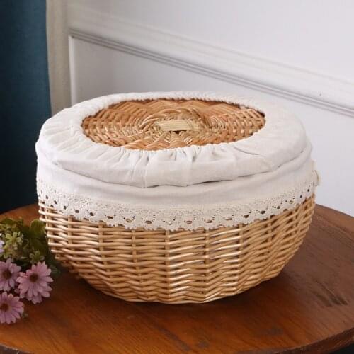 Hand-woven Rattan Wicker Steamed Bread Food Storage Basket with Cover Idyllic Fruit Basket Family Decoration Craft Collection