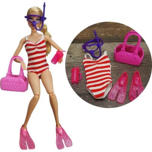 Pink Swimming Outfits For Barbie Doll Clothes Set For Barbie Bikini Shoes Respirator Cup Bag 1/6 Dolls Accessories Kids Toys