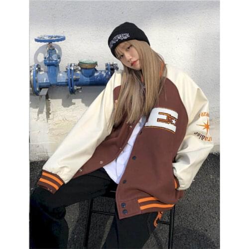 2021 Spring/autumn Oversized Baseball Jacket Women Stitching Baseball Uniform American Jacket Tide Retro Loose Street