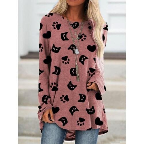 2021 Casual Loose Womens Fashion Print Long Sleeve Round Neck T-Shirt White Gray Pink Top