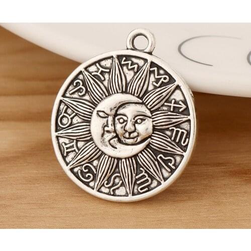 10 Pieces Silver Color Sun Moon Zodiac Sign Round Charms Pendants for DIY Necklace Jewellery Making Accessories 25mm