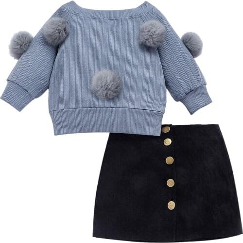 2PCS Toddler Kids Baby Girls Clothes Sets 1-6Y Blue Long Sleeve Sweater Tops Mini Skirt Outfits Autumn Clothes