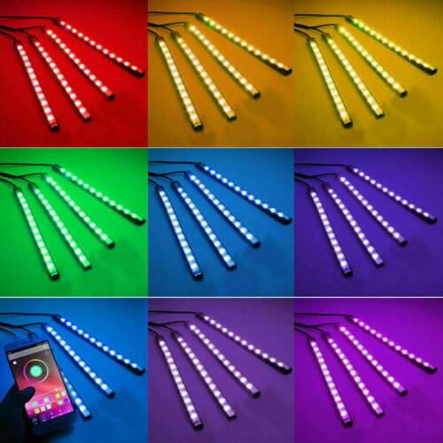 4x 12 LED Car Atmosphere RGB Phone App Music Control Strip Lights Interior Kit