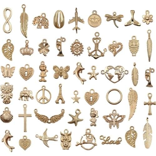 50pcs Alloy Necklace Pendant Flower Love Assorted Keychain Earring Bracelet Jewelry Making Charms Crafts Findings Golden