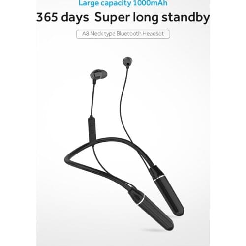 A8 ultra-long standby Bluetooth 5.0 Headset Earphones Sport Neckband Large Capacity Metals Magneitc Suction Heads Support Siri