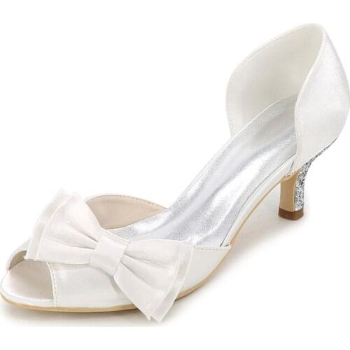 Kitten Heels Satin Wedding Shoes Women Peep Toe Heeled Prom Evening Bridal Party Ladies Pumps with Bowknot