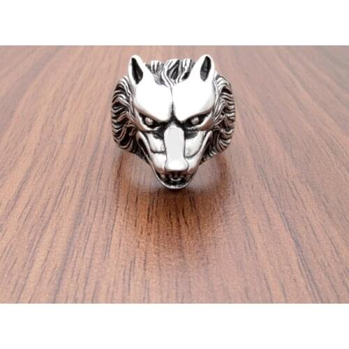 Free Shipping Punk Size 8-15# 316L Stainless Steel Silver Color Black Big Viking Wolf Head Animal Ring Jewelry